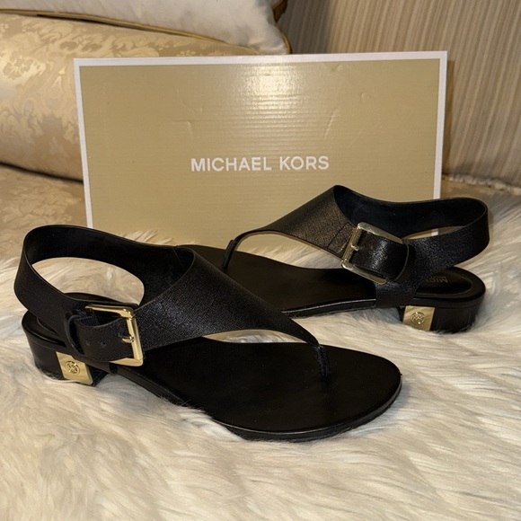 Michael Kors Black Sandals with Gold Accents Size 8.5 - Picture 1 of 15